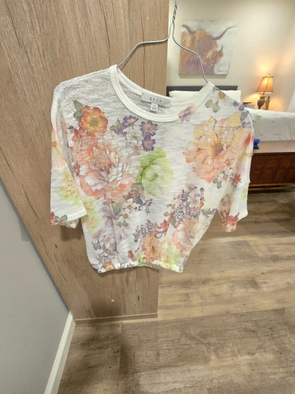Gaze Floral Open Knit Crop Top Elastic Bottom Short Sleeve XS